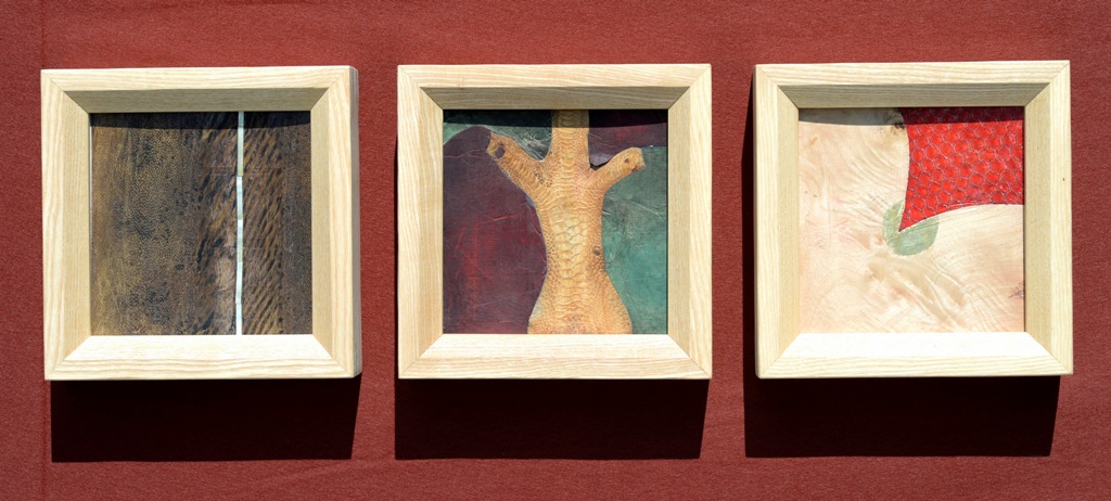 Fischleder, Perlmutt, Wurzelmaser, ca 20,7 x 20,7 cm 