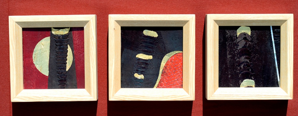 Straussenbeinleder, Perlmutt, Fischleder, Blattgoldca 20,7 x 20,7 cm 